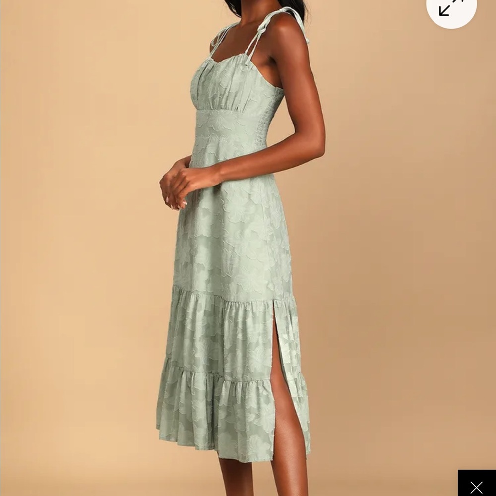 Lulu's Sweet Sentiments Sage Green Jacquard Tiered Midi Dress - Picture 2 of 4